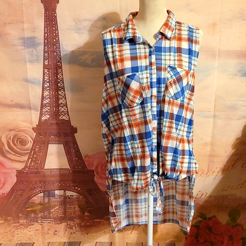 French Laundry super high low plaid shirt open back